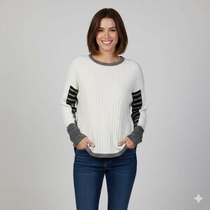 Zaket & Plover Women Cream Striped Sleeve Ribbed Knit Sweater Size M